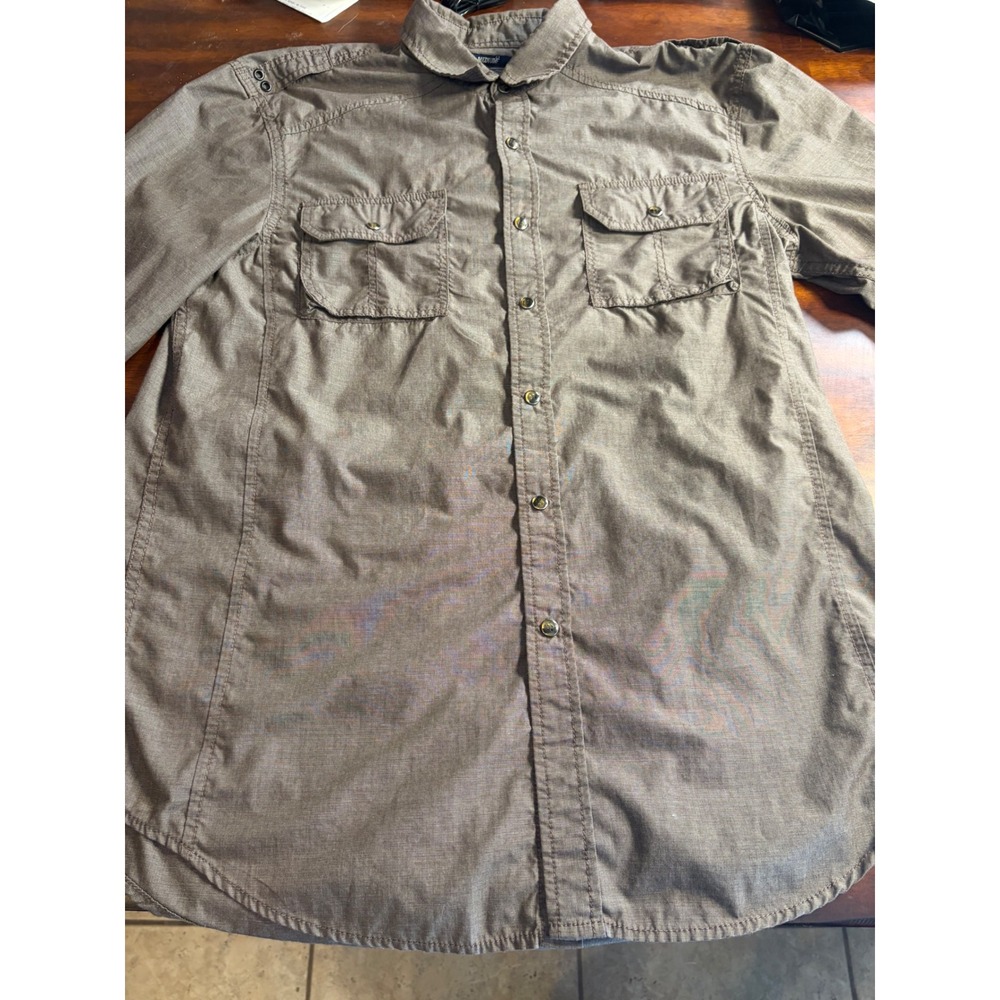 American Rag CIE Mens Long Sleeve Button Down Utility Shirt Brown Epaulettes L